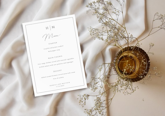 Monogram Wedding Menu Template, 4x6 5x7 Wedding Menu Sign, Black