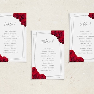 Modelo de convite para mesa de casamento com rosas vermelhas, placas de mesa vermelhas e pretas para impressão, convites de mesa suspensos editáveis 4x6 5x7, para impressão #BL2