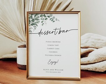 Greenery dessert bar sign template, wedding dessert sign printable, eucalyptus take a treat sign, party dessert menu, Templett download BL9