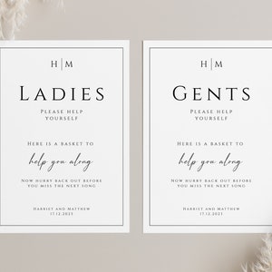 Monogram bathroom sign template, wedding ladies gents basket sign, help yourself elegant bathroom sign, printable, editable download BL51 image 1