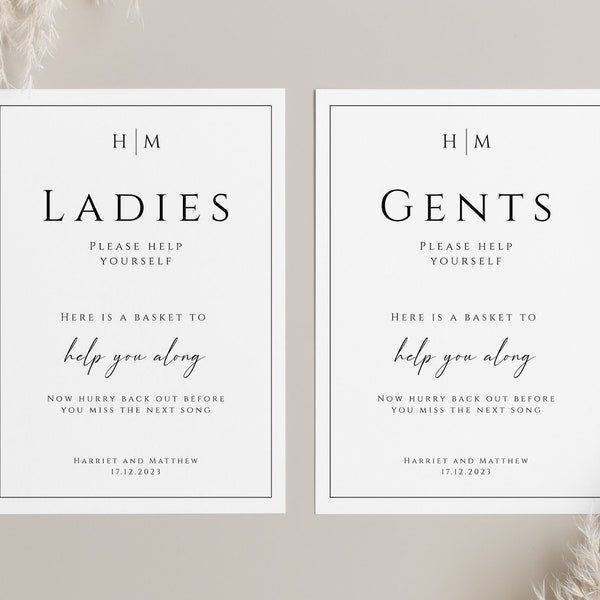 Monogram bathroom sign template, wedding ladies gents basket sign, help yourself elegant bathroom sign, printable, editable download #BL51