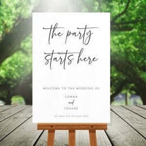Die Party beginnt hier Hochzeit Willkommensschild Vorlage, minimalistisches Schwarz-Weiß-Willkommen in unserer Hochzeitsbeschilderung, bearbeitbarer Download #BL77