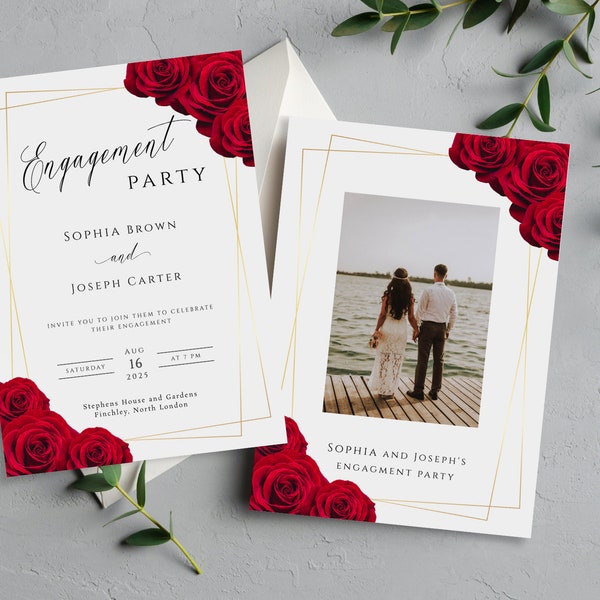 Red rose engagement party invitation template, printable dark red floral gold frame border invite, diy photo invite, editable download #BL6