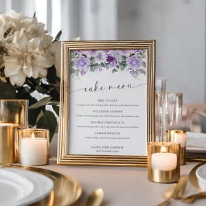 Lila Hochzeitstorte Menü Schild Vorlage, druckbare Flieder Blumen und Eukalyptus Kuchen Schild, Kuchen Geschmacksrichtungen diy 4 Schicht, bearbeitbarer Download BL27