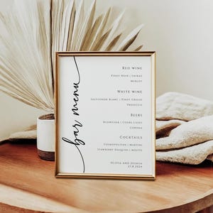Szablon menu weselnego, nowoczesny znak menu drinków, karta menu baru na imprezę do wydrukowania 8x10, minimalistyczny znak menu DIY, edytowalny do pobrania #BL77