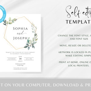 Eucalyptus wedding invitation template, greenery and gold frame printable wedding, green and gold 5 x 7 invite, editable download image 3