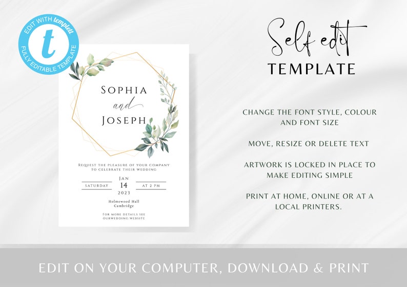 Eucalyptus wedding invitation template, greenery and gold frame printable wedding, green and gold 5 x 7 invite, editable download image 3