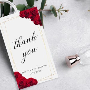 Wedding thank you tag template, red rose and gold border printable wedding tag, editable favor tags, editable download diy wedding tags #BL6