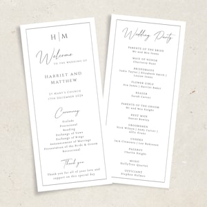 Plantilla de programa de boda, programa de ceremonia de boda con monograma, programa de doble cara imprimible con borde negro, descarga editable templett #BL51