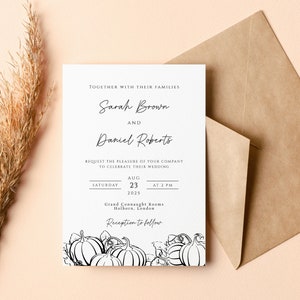 Fall wedding invitation template, black and white autumn pumpkin wedding invite, minimalist pumpkin outline printable & editable invitation image 1