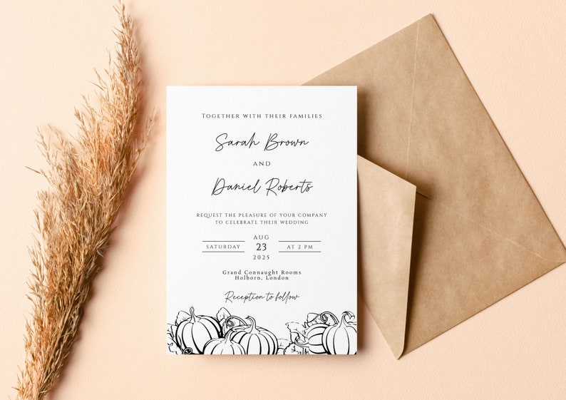 Fall wedding invitation template, black and white autumn pumpkin wedding invite, minimalist pumpkin outline printable & editable invitation image 1