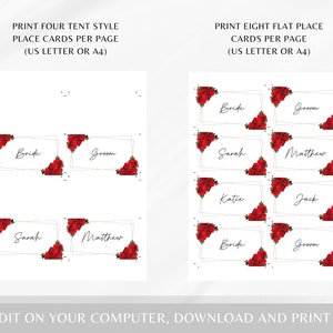 Red and Gold Place Card Template, Wedding Red Roses & Gold Border Name ...