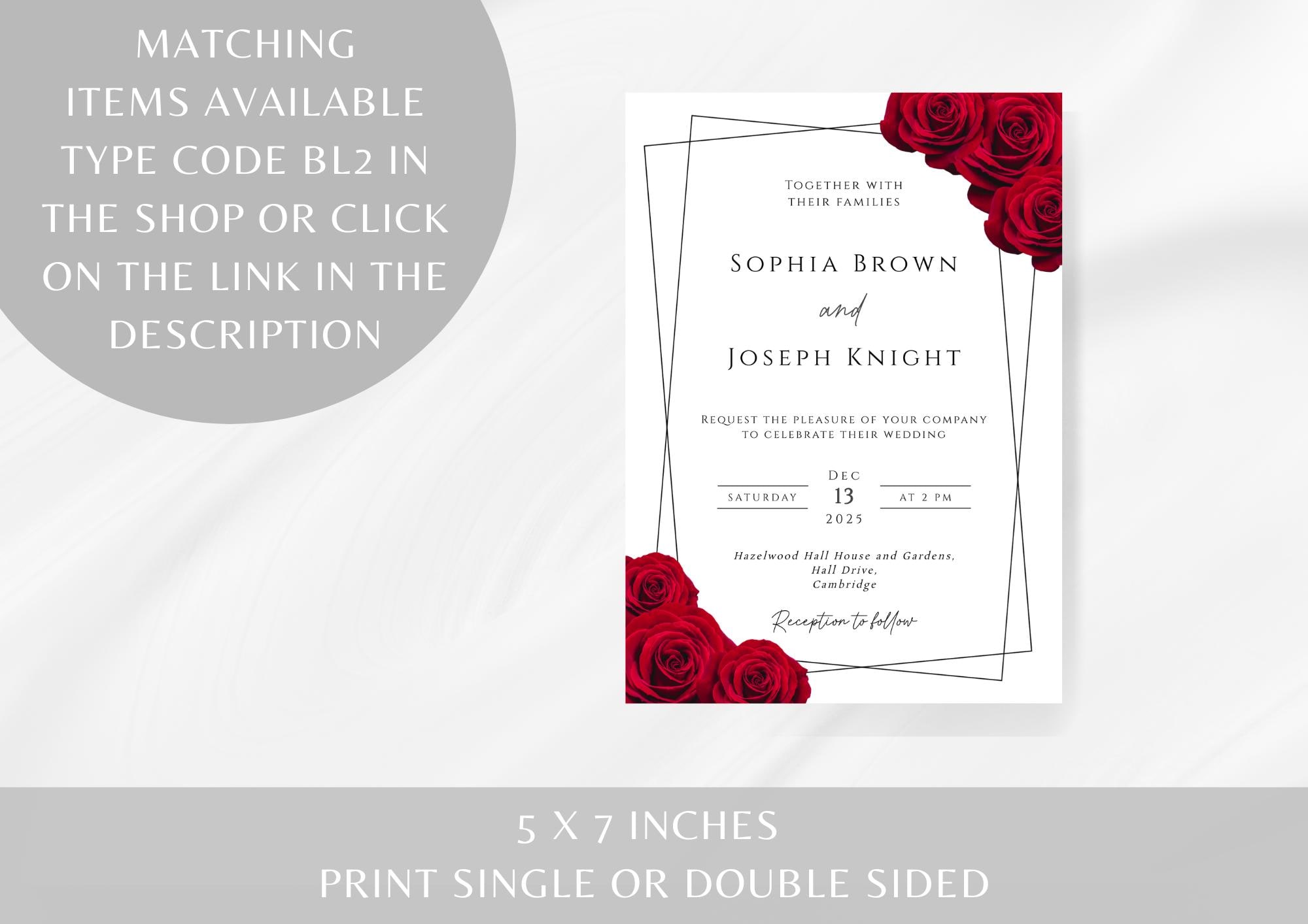 Red Wedding Invitation Template, Printable Red Rose \u0026 Black Border Invite,  Elegant Wedding Invitation, Editable Text, Templett Download #BL2 - Etsy, image size:2000x1414