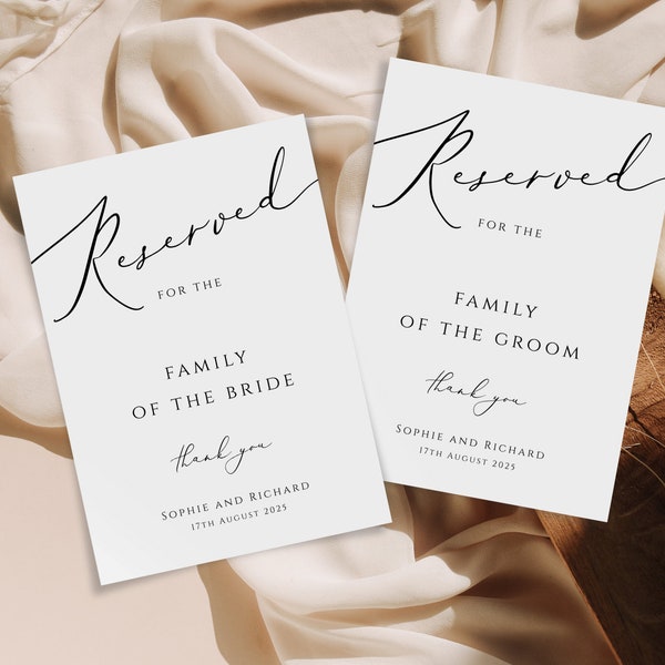 Wedding reserved sign template, printable reserved for brides or grooms family card, elegant reserved seating sign, editable download #BL10