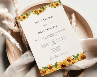 May include: A wedding invitation featuring the names "Emily Brown" and "David Carter" with floral sunflower accents. The invitation includes the date "September 26, 2026" and the time "2 PM". The text "Reception to follow" is also present.