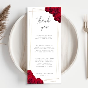 Modello di segnaposto di ringraziamento rosso e oro, cornice per matrimonio di ringraziamento, tovagliolo stampabile con rosa rossa, download modificabile Templett #BL6