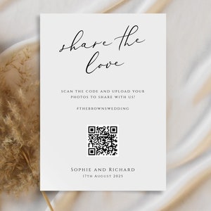 Teilen Sie die Liebe QR-Code-Zeichen-Vorlage, elegantes Hochzeitsfoto-Zeichen zum Ausdrucken, laden Sie Ihren eigenen QR-Code-Foto-Sharing hoch, bearbeiten Sie den Download #BL10