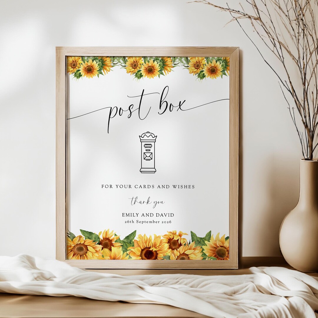 Sunflower Wedding Post Box Sign Template: Printable Cards and Gifts 5x7 ...