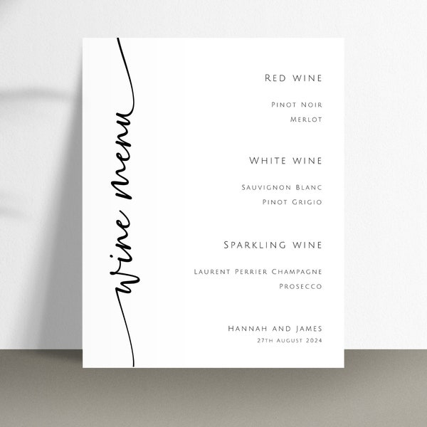 Wine menu sign template, wedding wine list printable, modern drinks menu sign, diy wedding bar menu template, minimalist editable download