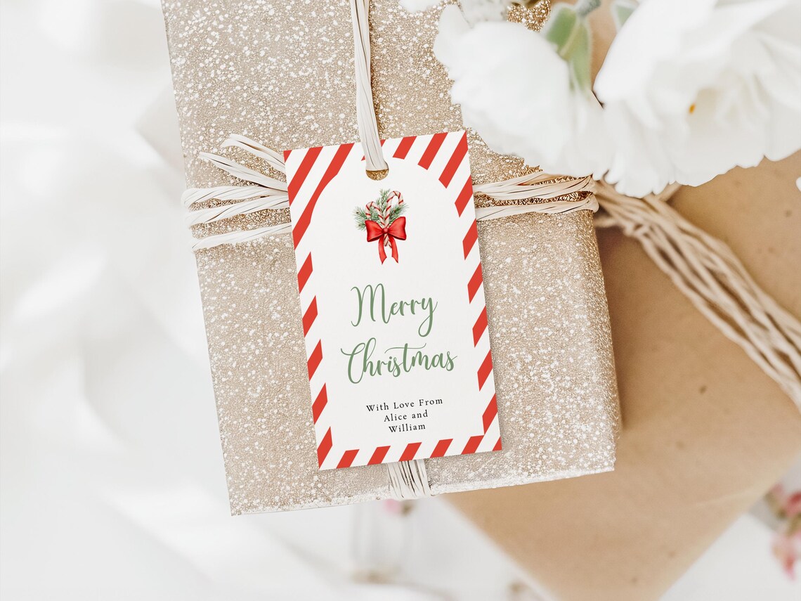 Candy Cane Gift Tag Template, Printable Christmas Red and White Stripe ...