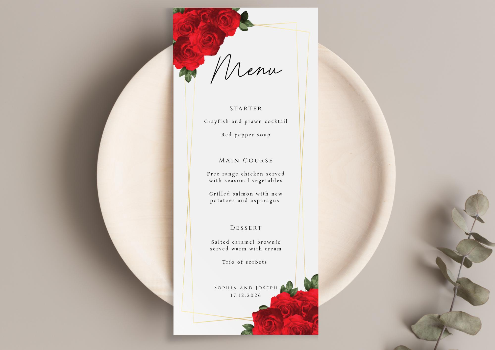 Red and Gold Menu Template, Rose Tall Wedding Menu, Editable and ...