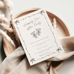 May include: A wedding reception invitation with the text "Happily Ever After Party" in a decorative font. The invitation includes the names "Katie and Matthew" and event details. The design features bow accents and champagne glasses.