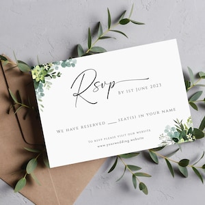 Plantilla de tarjeta RSVP de eucalipto, tarjeta RSVP de boda DIY, respuesta de boda con vegetación, RSVP con escritura verde salvia imprimible, descarga editable