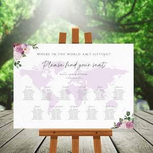 Purple floral world table plan sign template, diy country name seating plan, where in the world am I sitting, destination wedding, #BL17