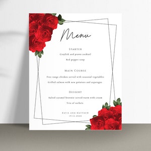 Plantilla de menú de boda rosa roja, tarjeta de menú de boda roja y negra, cena de boda imprimible con borde negro, menú diy 8x10 descarga editable #BL8
