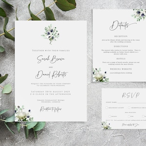 Rustic wedding invitation template set, white and purple thistle anemone wedding invite suite, printable, editable invite & rsvp bundle