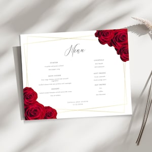 Plantilla de menú de boda con rosas rojas para imprimir, plantilla de menú de boda editable en formato horizontal, menú con borde dorado, menú de bricolaje, plantilla de 10 x 8 para descargar #BL6