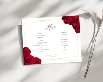 Peut inclure: Une carte de menu de mariage blanche avec un cadre géométrique doré et des roses rouges dans les coins. Le menu comprend des sections pour l'entrée, le plat principal, le dessert, les cocktails, les boissons non alcoolisées et les boissons chaudes. Le texte "Menu" est écrit en calligraphie élégante en haut de la carte. La date "17.12.2019" est imprimée en bas de la carte.