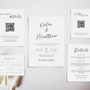 Simple wedding invitation template set, minimalist printable invite suite, classic black & white wedding invite with rsvp and QR code #BL46