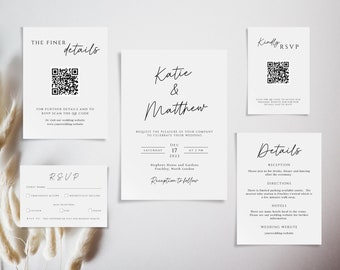 Simple wedding invitation template set, minimalist printable invite suite, classic black & white wedding invite with rsvp and QR code #BL46