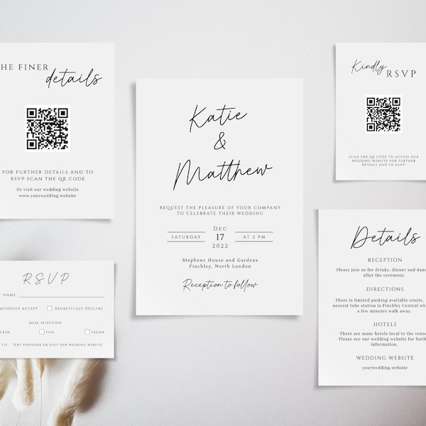 Simple wedding invitation template set, minimalist printable invite suite, classic black & white wedding invite with rsvp and QR code #BL46