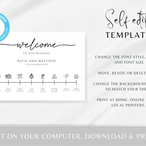 May include: A printable wedding welcome sign with a timeline of events for the wedding day. The sign includes the names Katie and Matthew and the date 17th December 2022. The sign is a self-edit template.