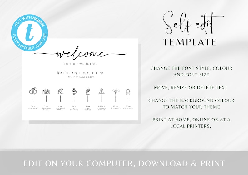 May include: A printable wedding welcome sign with a timeline of events for the wedding day. The sign includes the names Katie and Matthew and the date 17th December 2022. The sign is a self-edit template.
