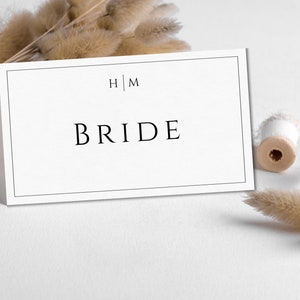 Plantilla de tarjeta de lugar con monograma, tarjeta de nombre de boda simple, tarjetas de lugar de boda minimalistas editables, tarjetas de asiento plegables imprimibles #BL51