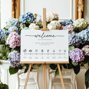 May include: A white wedding welcome sign with a black calligraphy script that reads "Welcome to our wedding Katie and Matthew 17th December 2022". The sign also includes a timeline of wedding events with icons for the ceremony, photos, dinner, cake cutting, and dancing.