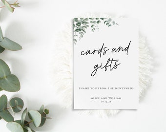 Wedding cards and gifts sign template, eucalyptus wedding sign printable, greenery diy cards sign, handwriting style, editable download #BL9
