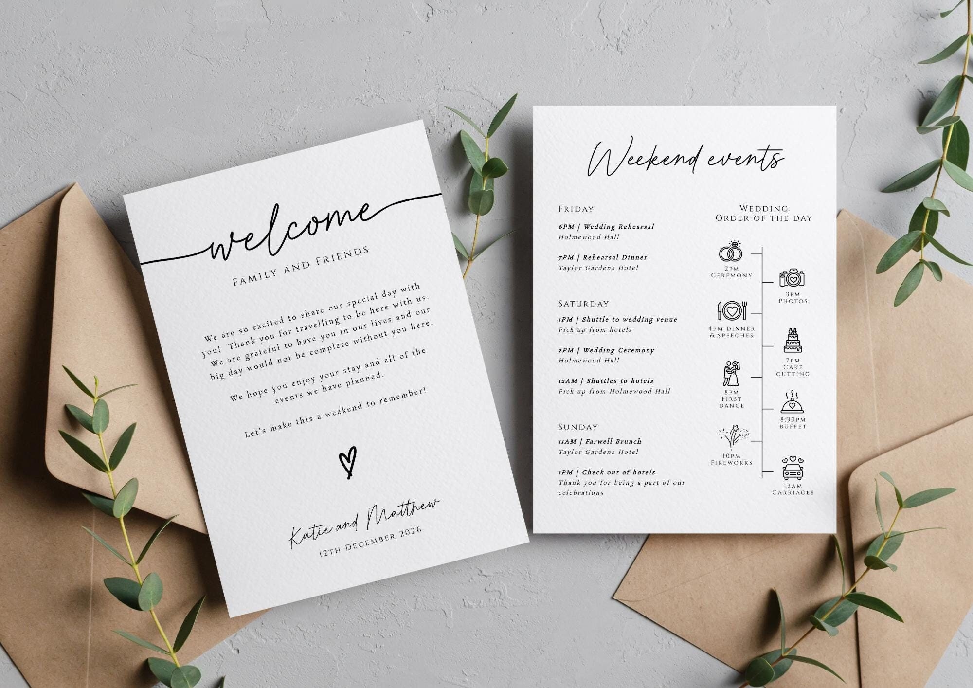 Wedding events card template, weekend timeline with icons, wedding welcome bag note, minimalist printable order of day, editable #BL46