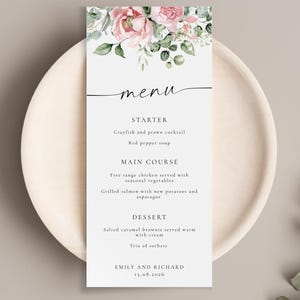 Różowy szablon menu weselnego, do wydrukowania wysokie kwiatowe i zielone menu kolacji, edytowalna karta menu DIY, kolacja na przyjęciu, Templett do pobrania #BL22