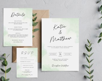 Green watercolour wedding invitation template, printable wedding invite suite, matching rsvp and invite set, simple watercolour invitation