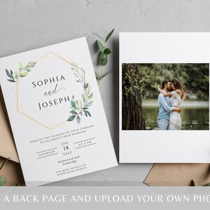 Eucalyptus wedding invitation template, greenery and gold frame printable wedding, green and gold 5 x 7 invite, editable download image 2