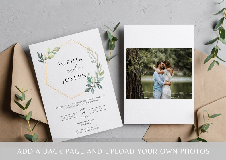 Eucalyptus wedding invitation template, greenery and gold frame printable wedding, green and gold 5 x 7 invite, editable download image 2