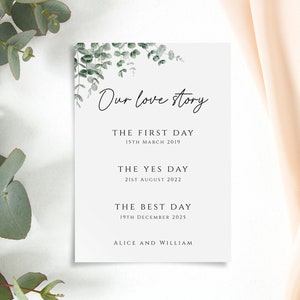 Onze liefdesverhaal teken sjabloon, eucalyptus bewerkbaar bruiloft teken, eerste dag, ja dag, beste dag afdrukbaar, 1e verjaardag teken download #BL9