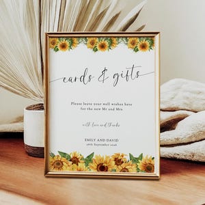 Modèle de signe de cartes et de cadeaux tournesol, signe de cartes de mariage imprimable, cadeaux de fête floral jaune rustique, téléchargement modifiable Templett # BL29