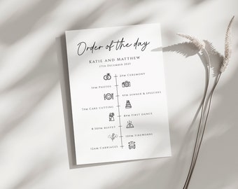 Modèle d'insertion d'invitation de l'ordre du jour de mariage, petites icônes imprimables de chronologie de mariage, insertion d'invitation simple, téléchargement modifiable # BL46