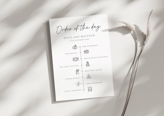 Wedding order of the day invitation insert template, small printable wedding timeline icons, simple invite insert, editable download #BL46