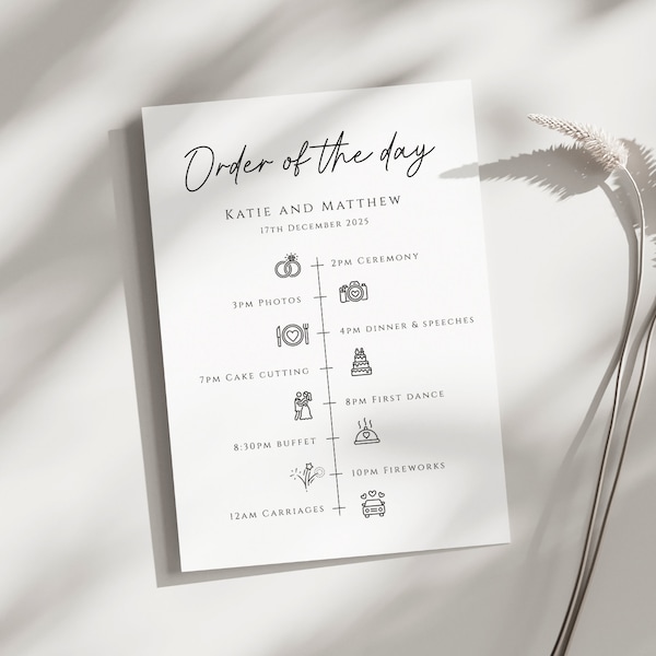 Wedding order of the day invitation insert template, small printable wedding timeline icons, simple invite insert, editable download #BL46